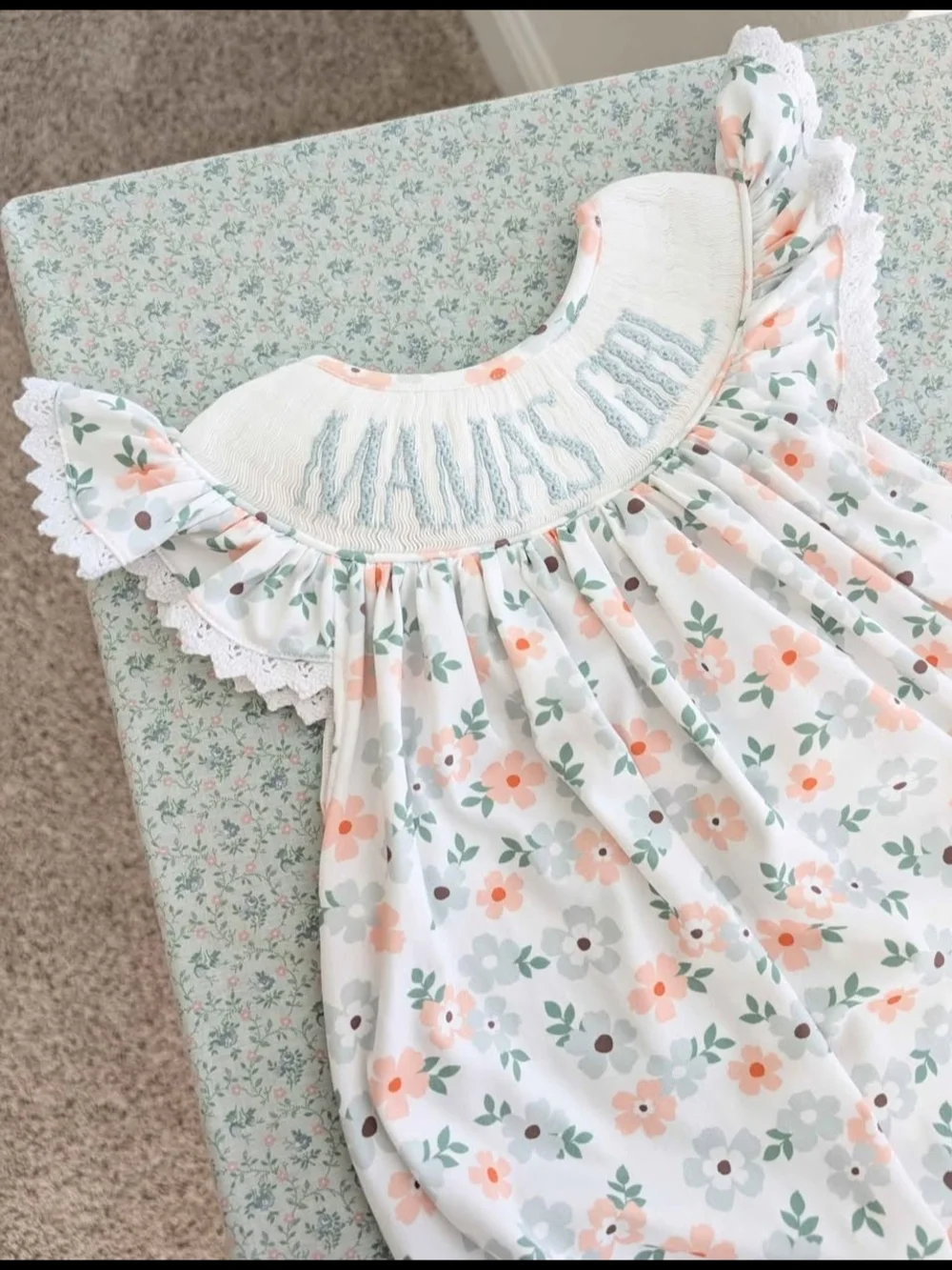 12 Mos Smocked Floral Olive Bubble